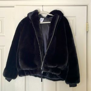 GAP faux fur bomber jacket with hoodie size medium